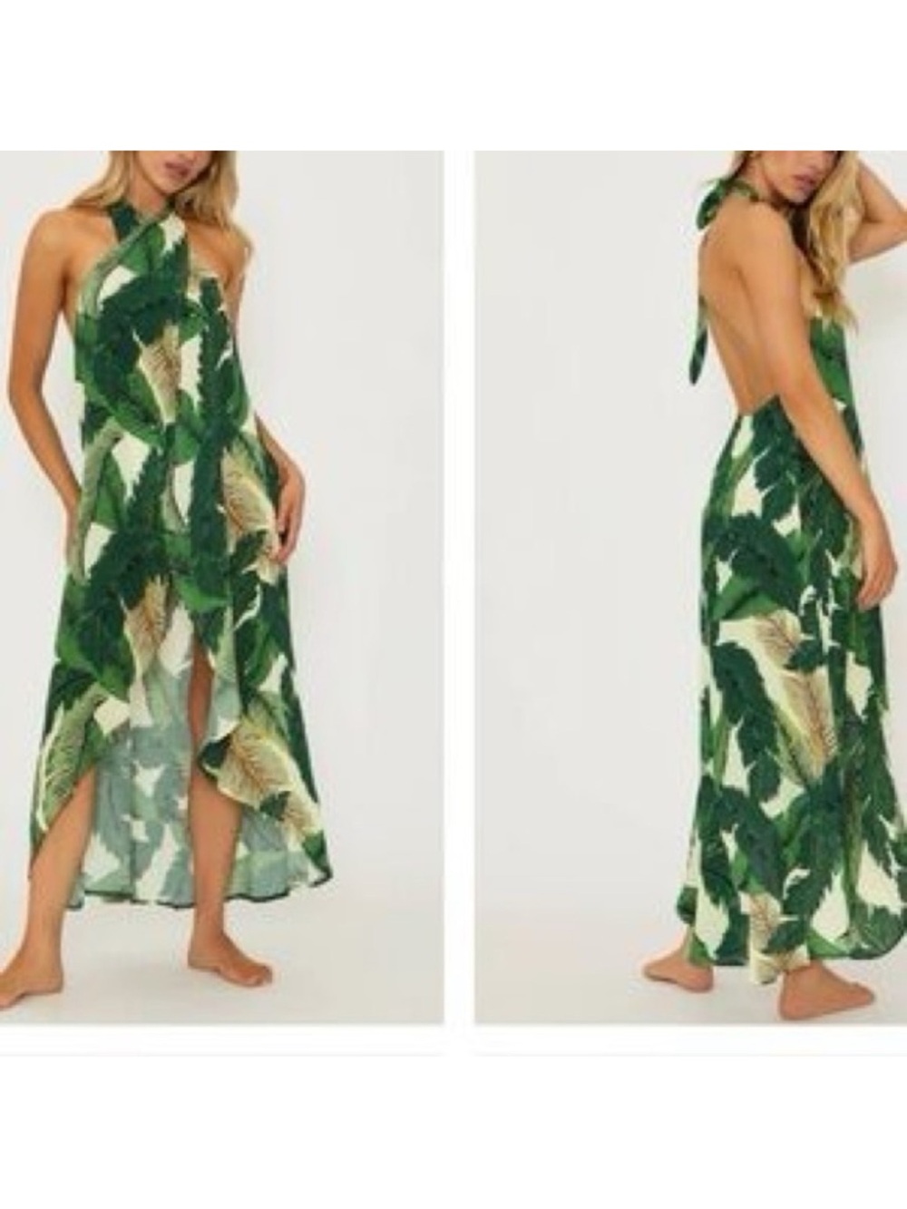 Beach Riot Green Tropical Leaf Halter Swim Sarong Cover-Up